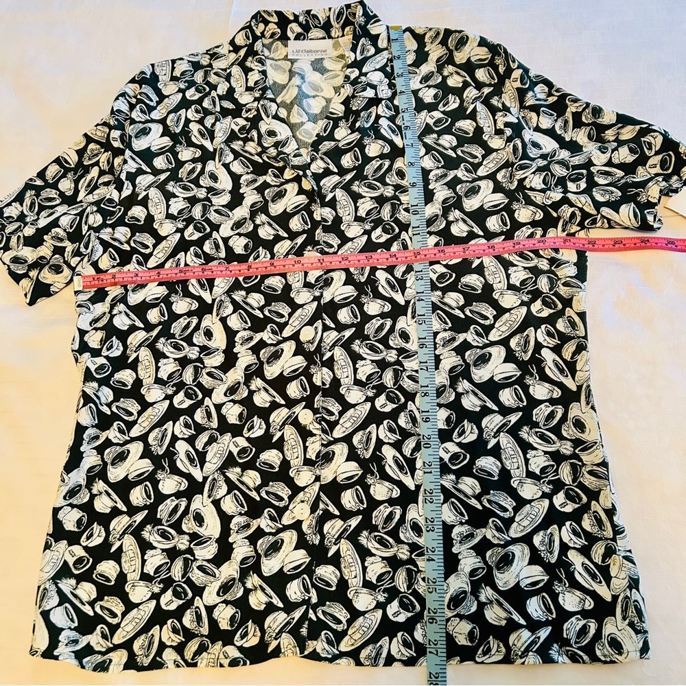 Vintage 90s Liz Claiborne Hat-Print Blouse – Green & Ivory – Button Front – Size - Picture 12 of 15
